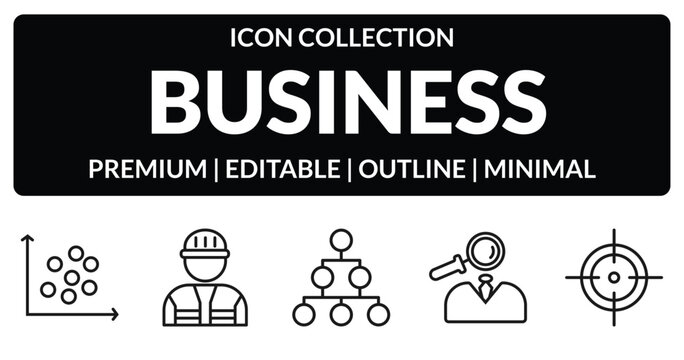 outline business icons set - scatter chart, worker, professional advance, target. editable vector for web and mobile ui