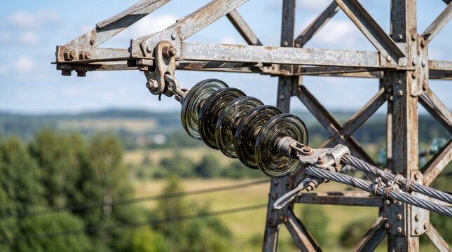 Glass insulator on high voltage power pylon. Electricity transmission line structure detail for energy distribution infrastructure. Industrial grid equipment for power supply industry.