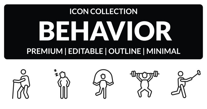 outline behavior icons set - old man walking, man snoozing, man lifting bar, taking a selfie. editable vector for web and mobile ui