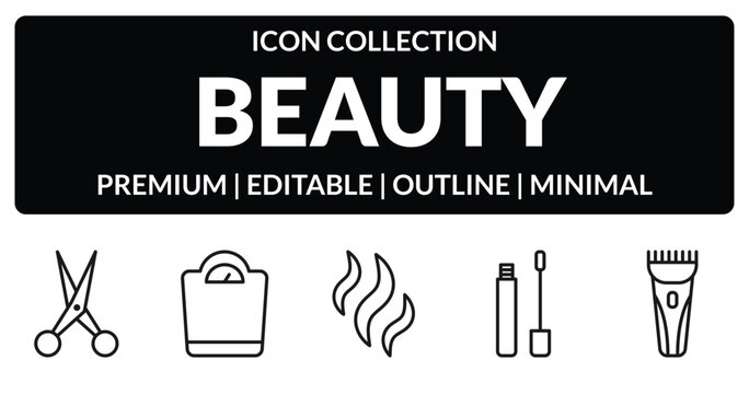 outline beauty icons set - hairdresser scissors, big scale, lip gloss, hair razor. editable vector for web and mobile ui