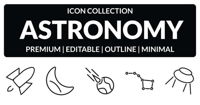 outline astronomy icons set - rocket flying, half moon, big dipper, big ufo. editable vector for web and mobile ui