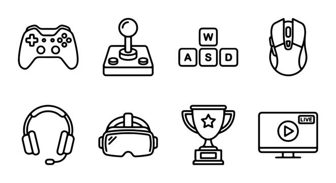 Gaming Icons Set: Controller, Joystick, VR Headset, Trophy, Monitor, Mouse, Keyboard Keys, Headphones