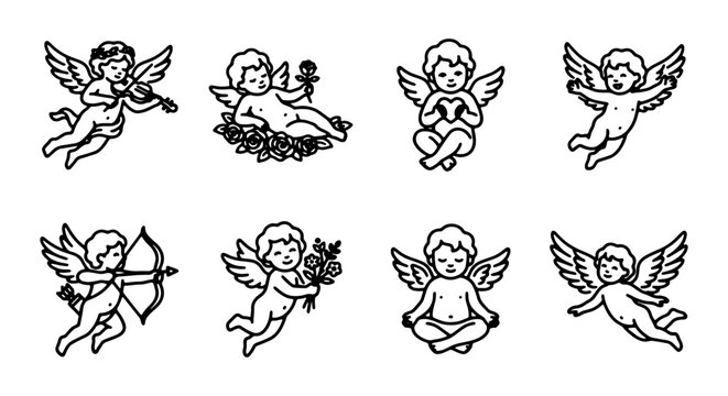 Cherub Angels Vector Set, Cupid Icons, Romantic Love Symbols, Vintage Illustration Elements