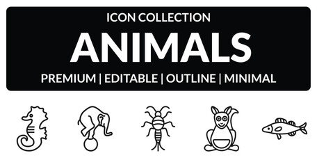 outline animals icons set - sea horse, elephant on a ball, kangaroo, zander. editable vector for web and mobile ui © IconArt