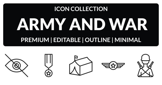outline army and war icons set - stealth, veteran, air force, infantry. editable vector for web and mobile ui