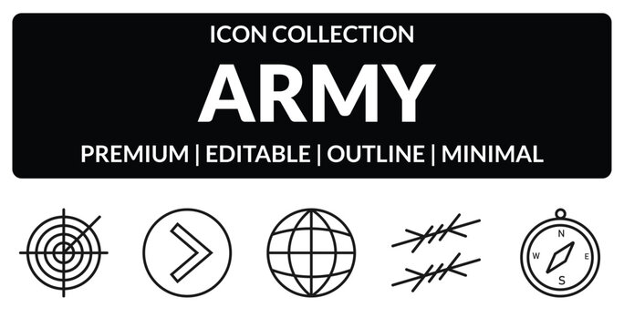 outline army icons set - militar radar, chevron, barbed wire, compass. editable vector for web and mobile ui