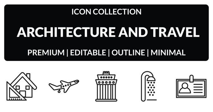 outline architecture and travel icons set - architecture, flight, beach shower, name. editable vector for web and mobile ui
