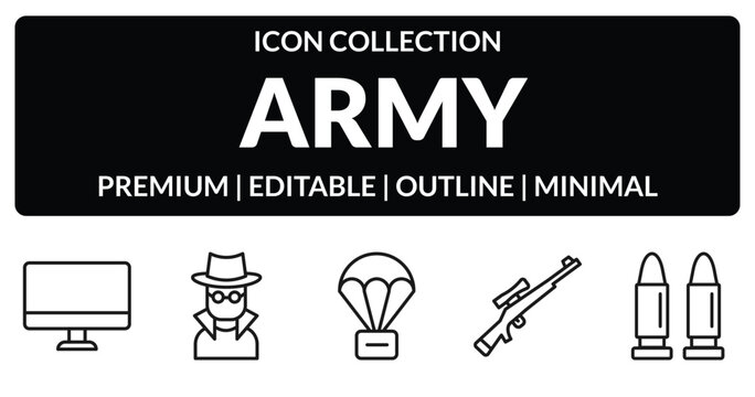 outline army icons set - computer, secret agent, sniper rifle, bullets. editable vector for web and mobile ui