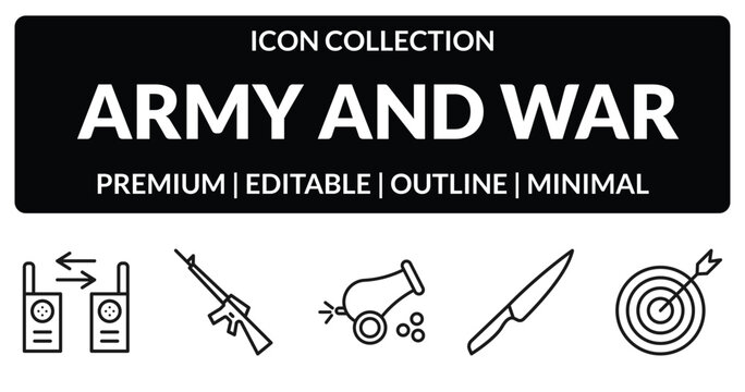 outline army and war icons set - two way radio, automatic gun, knife, target. editable vector for web and mobile ui