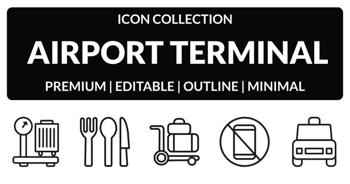 outline airport terminal icons set - baggage scale, clutery for lunch, forbbiden phone, airport taxi. editable vector for web and mobile ui