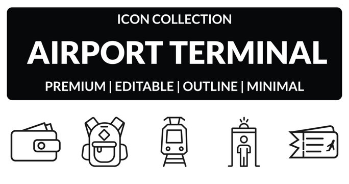 outline airport terminal icons set - purse with bill, book bag with pockets, security control, two plane tickets. editable vector for web and mobile ui