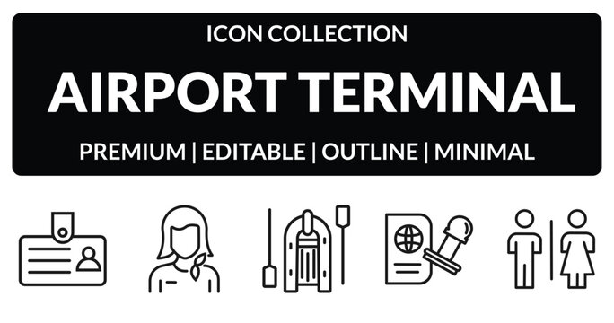 outline airport terminal icons set - identification badge, stewardress head, stamp for passports, airport toilets. editable vector for web and mobile ui