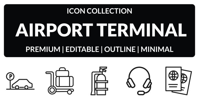 outline airport terminal icons set - parking square, luggage trolley, airport headphones, two passports. editable vector for web and mobile ui