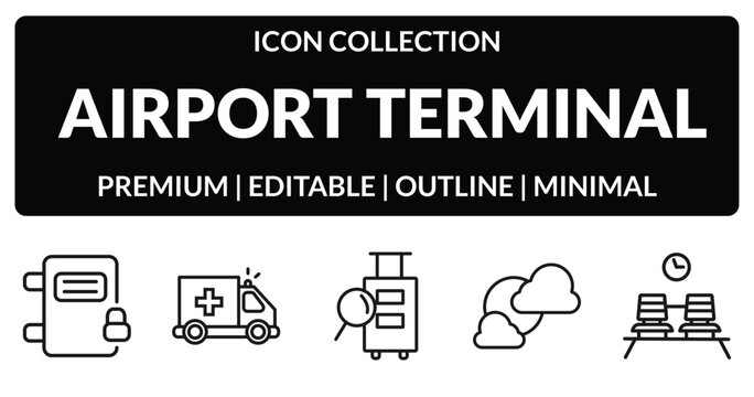 outline airport terminal icons set - airpot cupboard, emergency truck, cloudy day, waiting place. editable vector for web and mobile ui