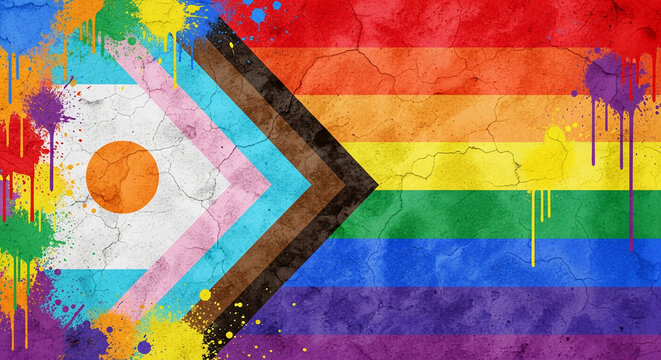 Cracked concrete surface with vibrant graffiti splashes and various pride flags, symbolizing diversity, inclusivity, and LGBTQ+ rights.