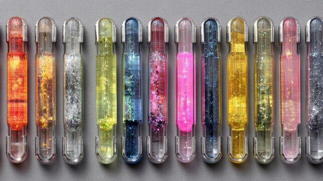 Bright plastic beads fill test tubes, arranged flat on a gray surface.
