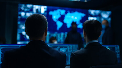 Obraz premium Rear View of Men in Suits Observe Large Blue Digital World Map Screen, Data, and Surveillance Footage in a Dark Control Room