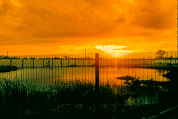 Naklejka premium Golden Sunset Over a Scenic swimming pool in Syokimau, Kenya, Viewed Through a Security Mesh Fence