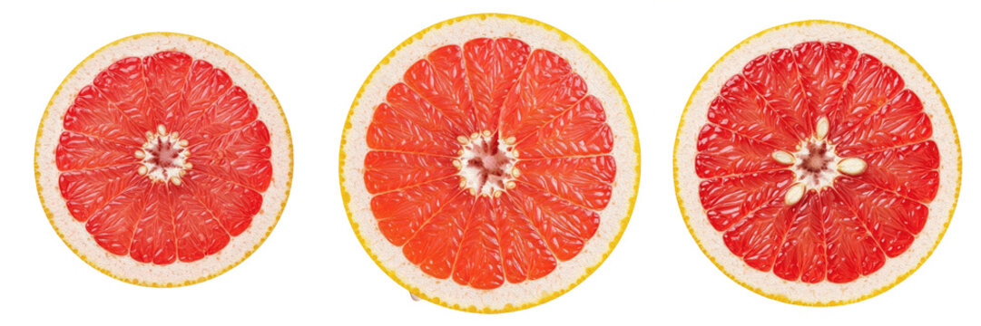 Set and collection of fresh juicy red grapefruit slice isolated on transparent png background.