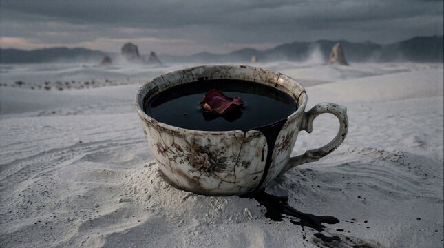 Surreal landscape of a cracked vintage floral teacup filled with dark liquid and a rose petal, spilling onto white desert sand against hazy mountains.