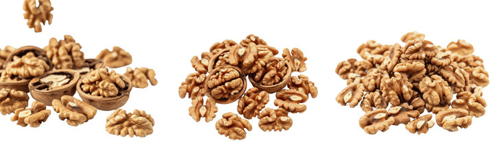 Fototapeta premium Set and collection of pile heap of organic raw walnuts kernels snack isolated on white transparent png background