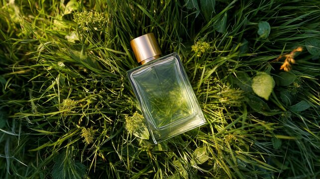 Elegant glass perfume bottle resting on fresh green grass under sunlight.