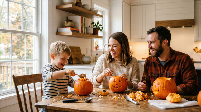 Happy family with young son carving pumpkins for Halloween together at a kitchen table, laughing and enjoying autumn traditions in a bright modern home kitchen.