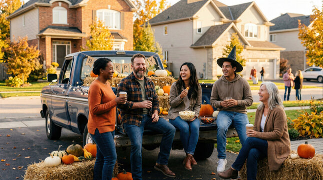 Diverse Friends Enjoying a Fall Tailgate Party by a Vintage Pickup Truck in a Suburban Neighborhood with Pumpkins and Hay Bales