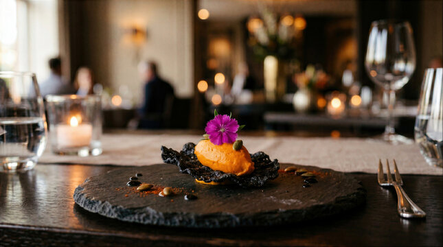 Gourmet Plated Appetizer with Orange Mousse and Edible Purple Flower on Black Slate Plate in a Fine Dining Restaurant Setting