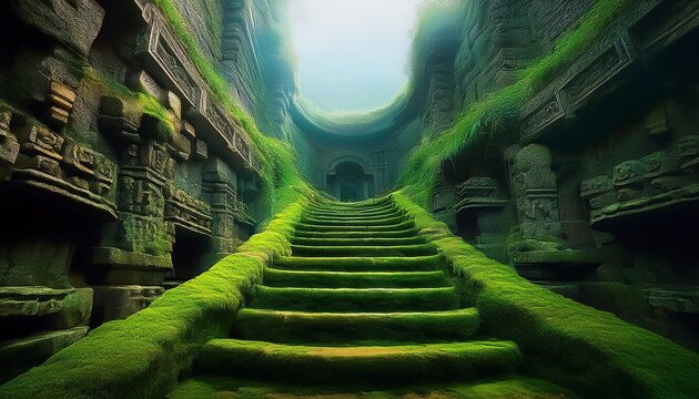 stairs lead down to a green water tank filled with moss and surrounded by stone walls with carvings in an ancient structure