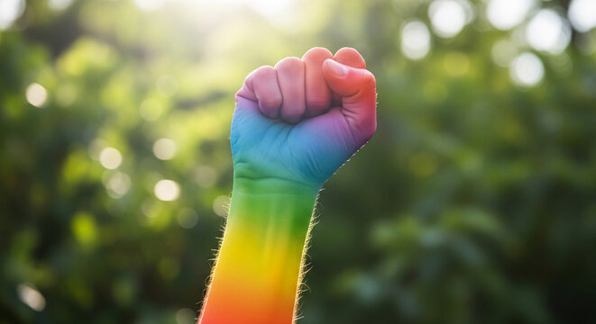 Fist painted with rainbow colors raised against a blurred green background, symbolizing pride, unity, and protest, representing a call to action or a declaration of identity