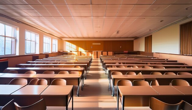 empty university lecture hall features rows of desks and chairs ready for student use with soft lighting and warm colors