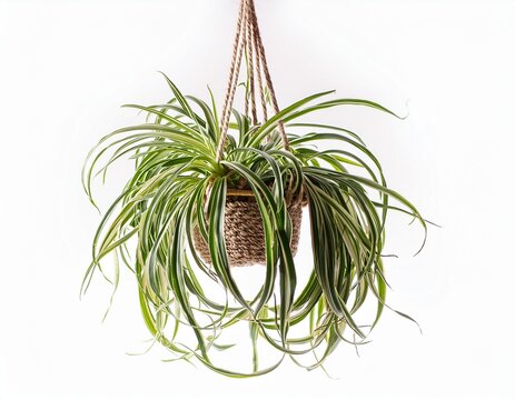 lush green spider plant chlorophytum comosum in macrame hanger isolated on white background