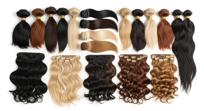 Collection of various hair extensions in many shades and textures. Bundles and clip in hair pieces for styling, beauty and hair industry. Professional salon supplies on white background.