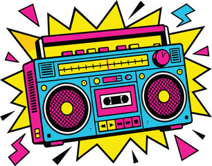 Vibrant retro boombox radio illustration featuring colorful eighties style design elements for your creative graphic projects