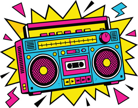 Vibrant retro boombox radio illustration featuring colorful eighties style design elements for your creative graphic projects