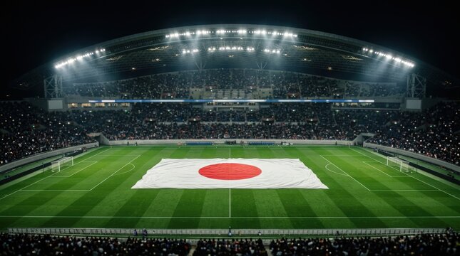 Minimal japanese flag. Clean white fabric displays centered red disc beneath bright lights in modern arena setting