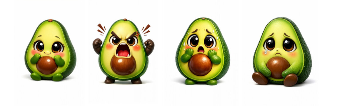 Bashful, Sad, Scared, Angry Emotional Cartoon Avocado Characters on a White Background