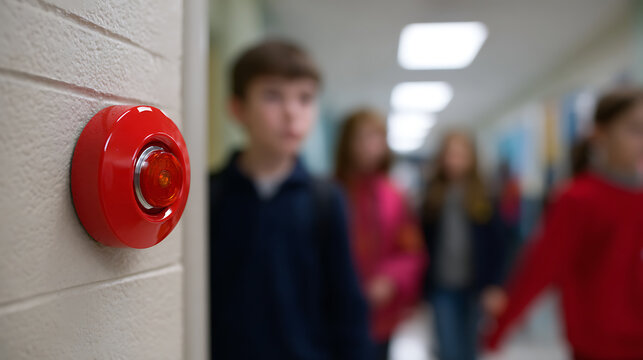 Red Emergency Button in School Hallway: Safety Device with Blurred Background of Students and Child in Academic Institution