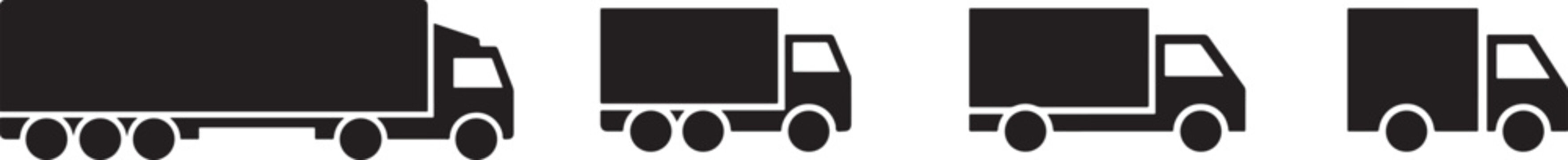 Black silhouette icons of different sized cargo trucks arranged in a horizontal row for logistics and transportation industry design projects
