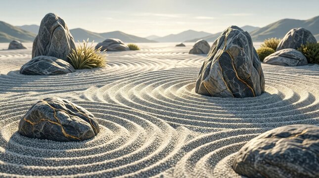 Zen rock garden with raked sand and stone formations