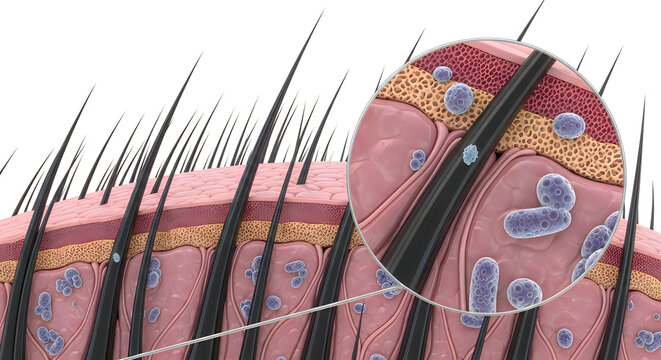 Detailed 3d render of human hair follicle structure showing cross-sectional view of dermis and epidermis