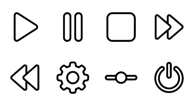 Minimalist Black and White Media Player Icons, Vector Set for Digital Interfaces