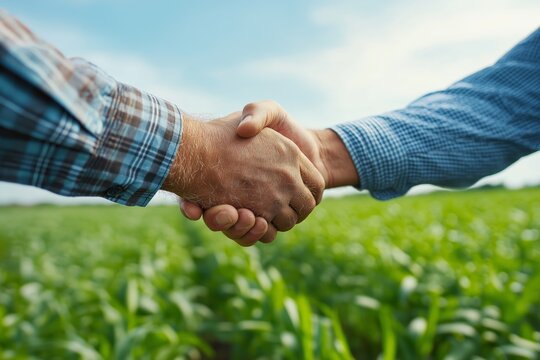 Farmer and businessman shaking hands in lush green field, symbolizing agricultural partnership, trust, collaboration, and agreement, highlighting cooperation between farming and business sectors.