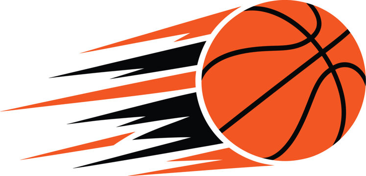 Dynamic basketball vector with speed lines, flying orange ball icon, athletic sports logo element