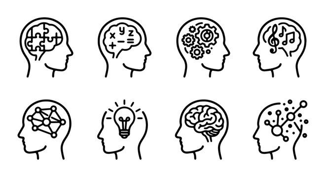 Abstract Brain Concepts, Human Head Icons, Cognitive Processes, Mind States, Vector Set