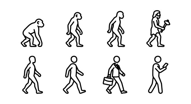 Human Evolution Vector Icons, Primate to Modern Man Progression, Anthropological Development Stages