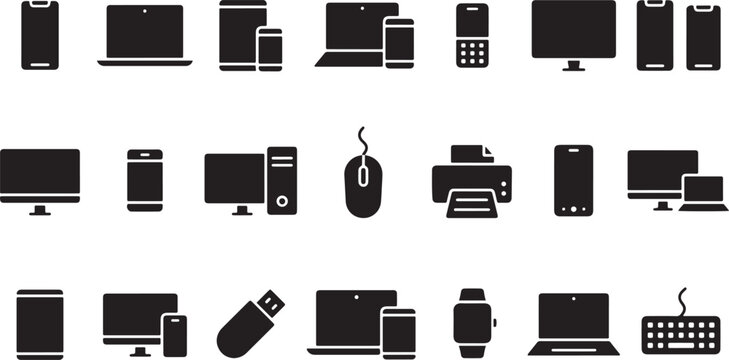 Various black silhouette icons representing modern digital electronic devices like computers laptops smartphones tablets and printers for professional graphic design projects