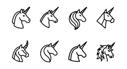 Set of 8 Unicorn Head Icons, Mythical Creature Vector Graphics, Fantasy Animal Line Art © ADIBA