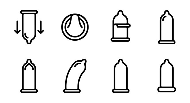 Condom icons, safe sex and contraception symbols, sexual health vector set for awareness campaigns